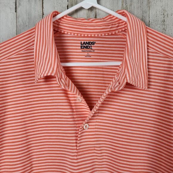 Lands' End Striped Polo Shirt Orange White Size Large - Picture 5 of 8